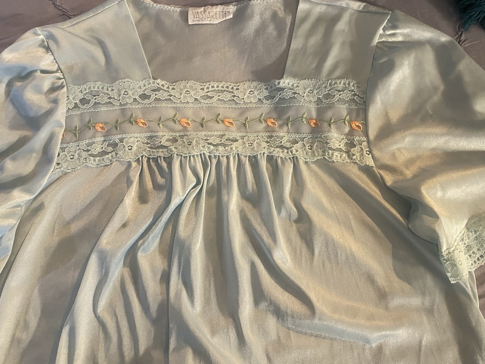 Vintage Vassarette Short Gown Nylon Lace Embroidery Size L Blue