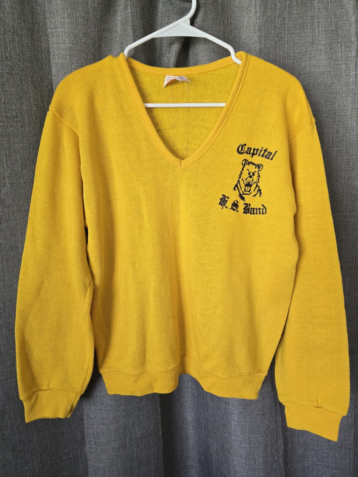 Vtg 1970s Yellow Gold Varsity Sweater Marching Band V Neck Sz M