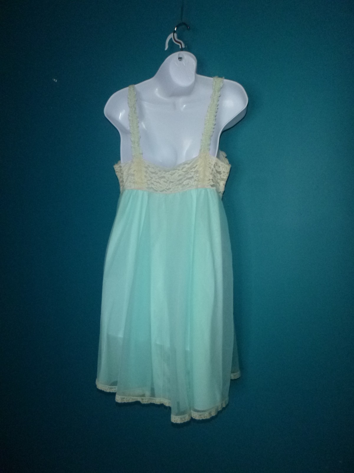 Vtg 60s Olga Sleeping Pretty Nightgown Aqua Double Layer Nylon Chiffon Sz M