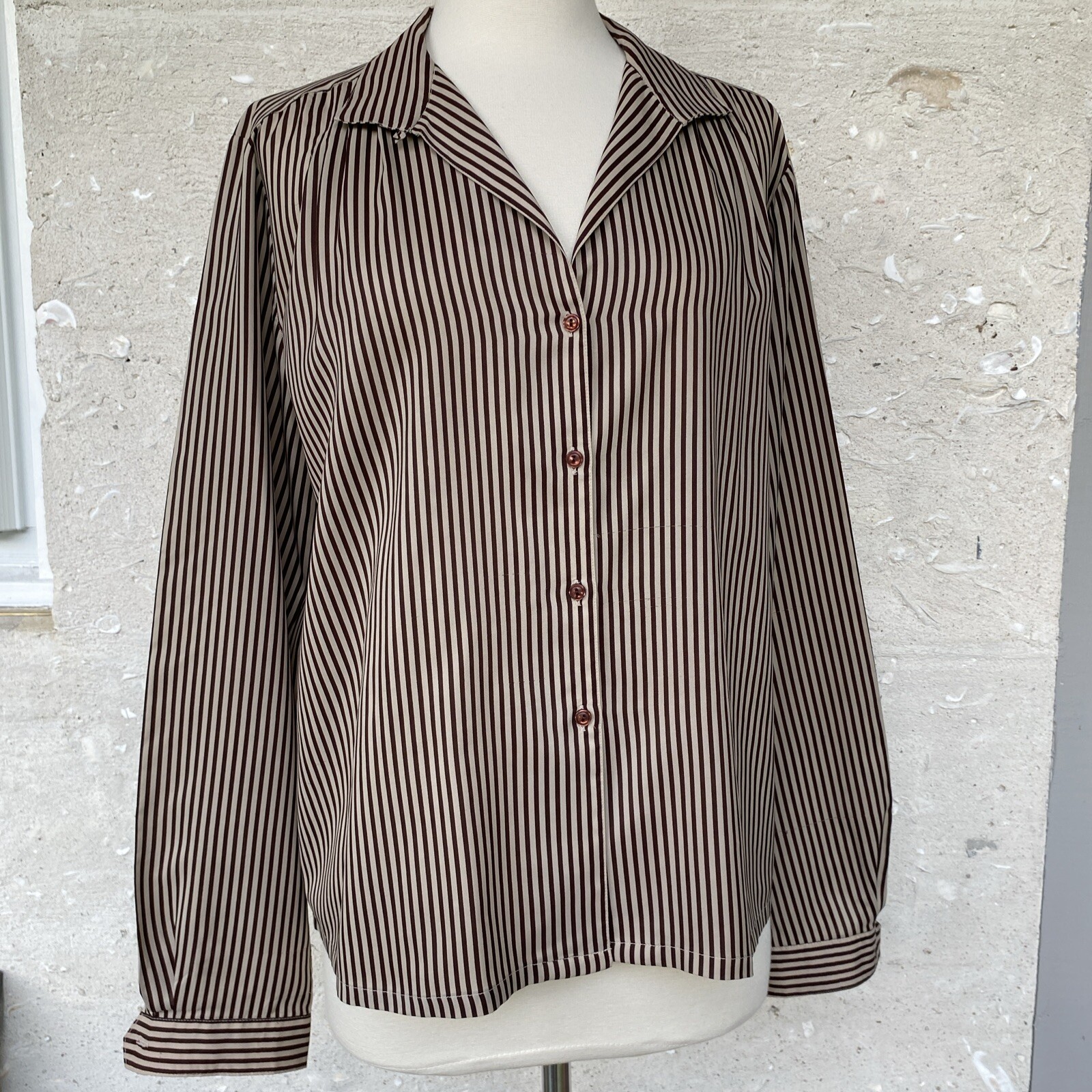 Vintage Secretary Blouse Button Up Shirt 16 Large Khaki Brown Stripe 70s 80s