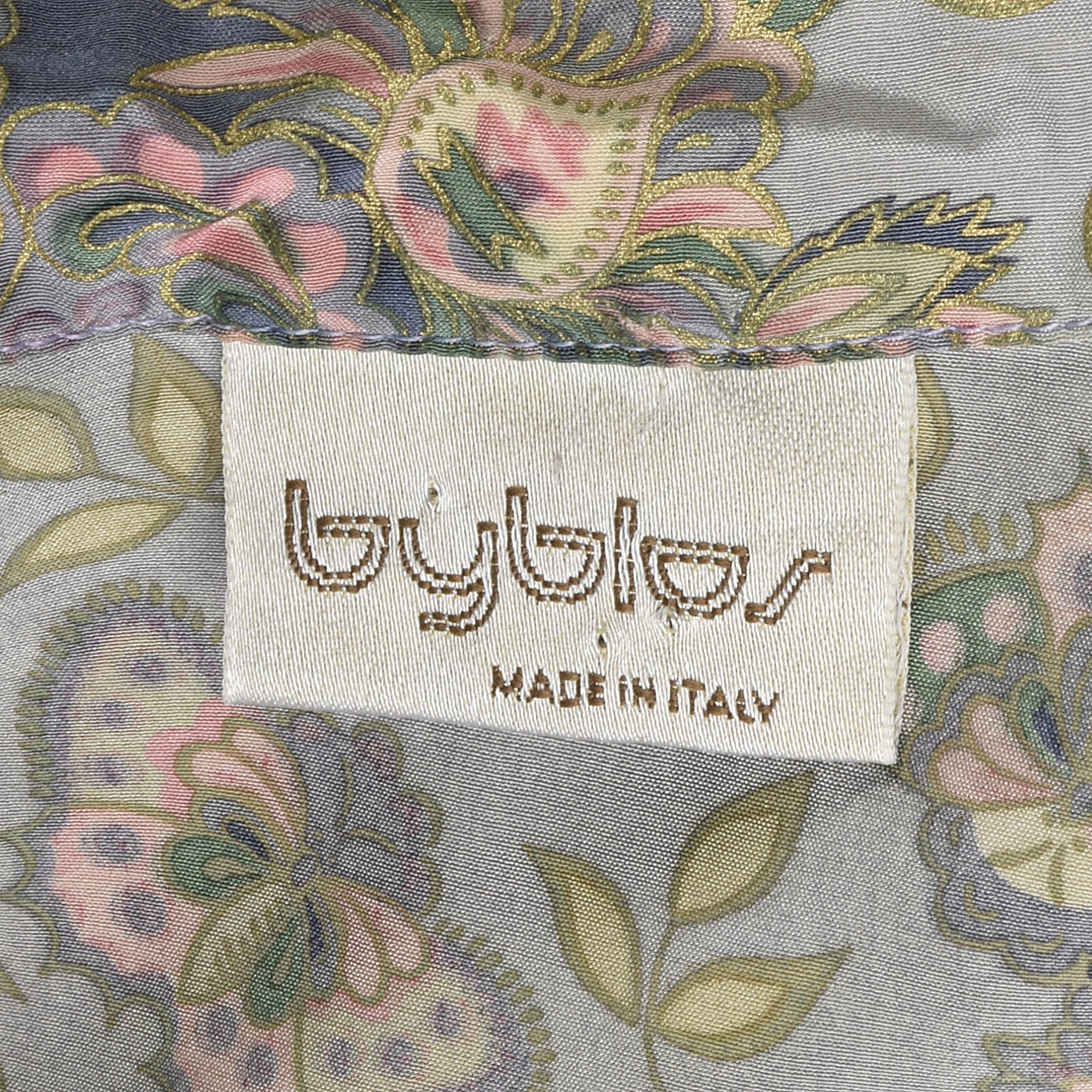 Large 1970s Byblos Silk Blouse Grey Baroque Print VTG Metallic Gold Button Up