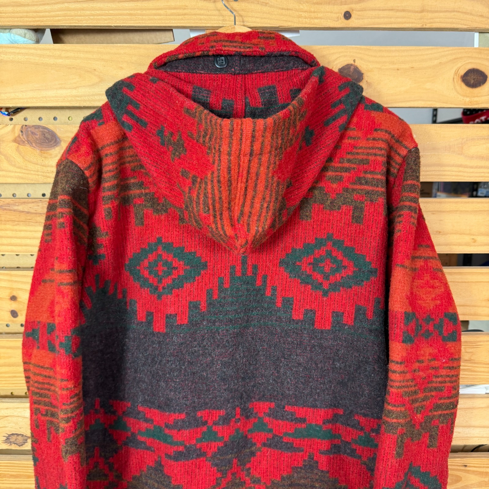 Vintage Woolrich Wool Duster Coat Sweater Large Hooded Southwestern Aztec Tassel