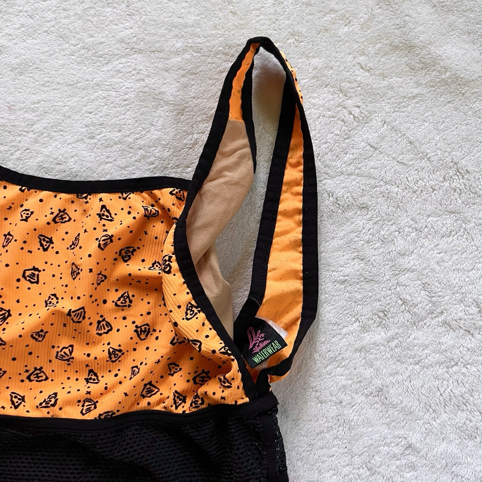 90s Vintage Orange Seashell Print High Cut One Piece Swimsuit S/M