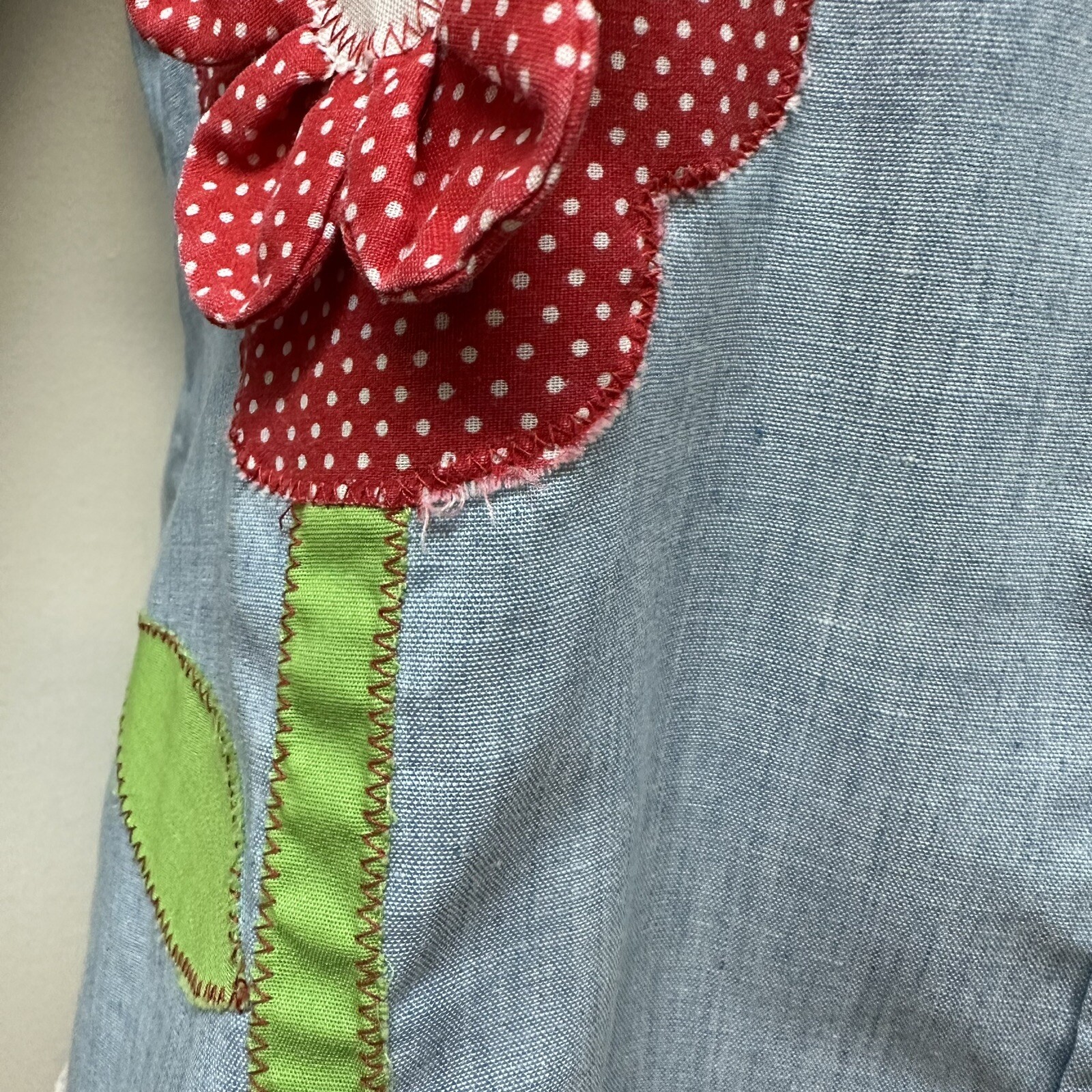 Vintage Eyelet Ruffle Patchwork Hippie Chambray Blouse Shirt Top Kitschy Flower