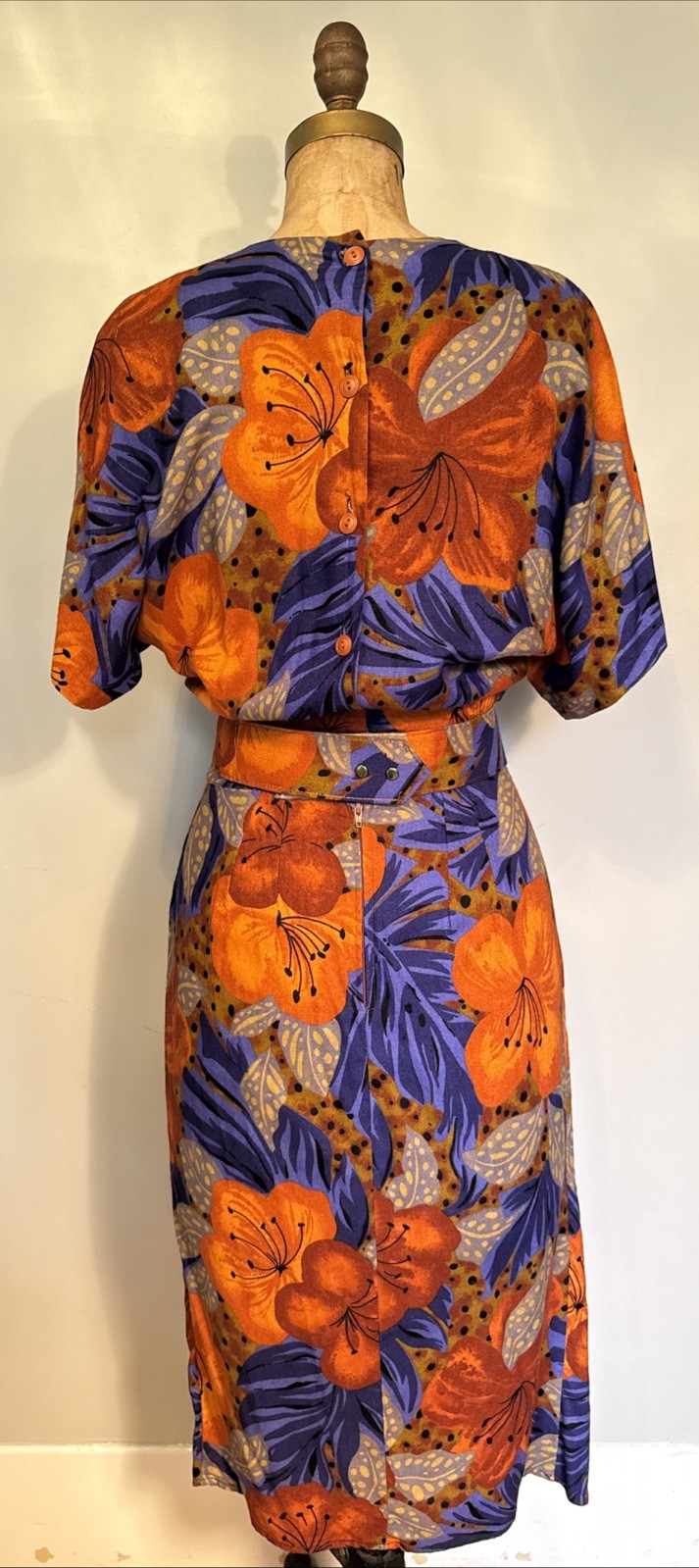 Vintage Jeffrey & Dara Tropical Print Faux Wrap Pencil Wiggle Dress Belt 5/6 USA