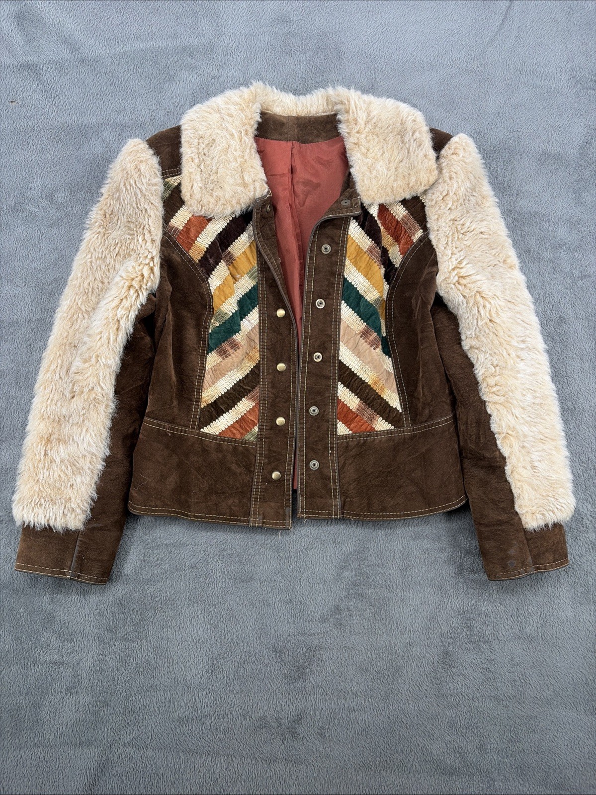 1970 Vintage Patchwork Velveteen Crop Jacket Faux Furr Size Small