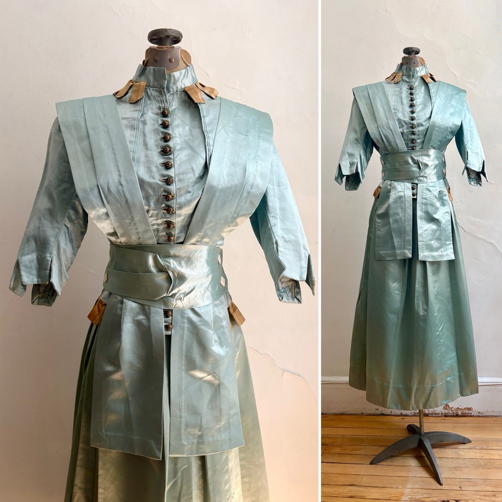 Antique 1910s Edwardian Lt Blue Silk 4 Pc Womens Walking Suit Day Wear S