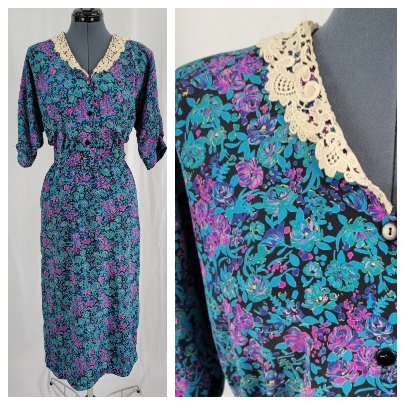 Vtg John Richard Teal/Purple/Black Floral Dress w Lace Collar 38&Prime; Bust Sz 10?