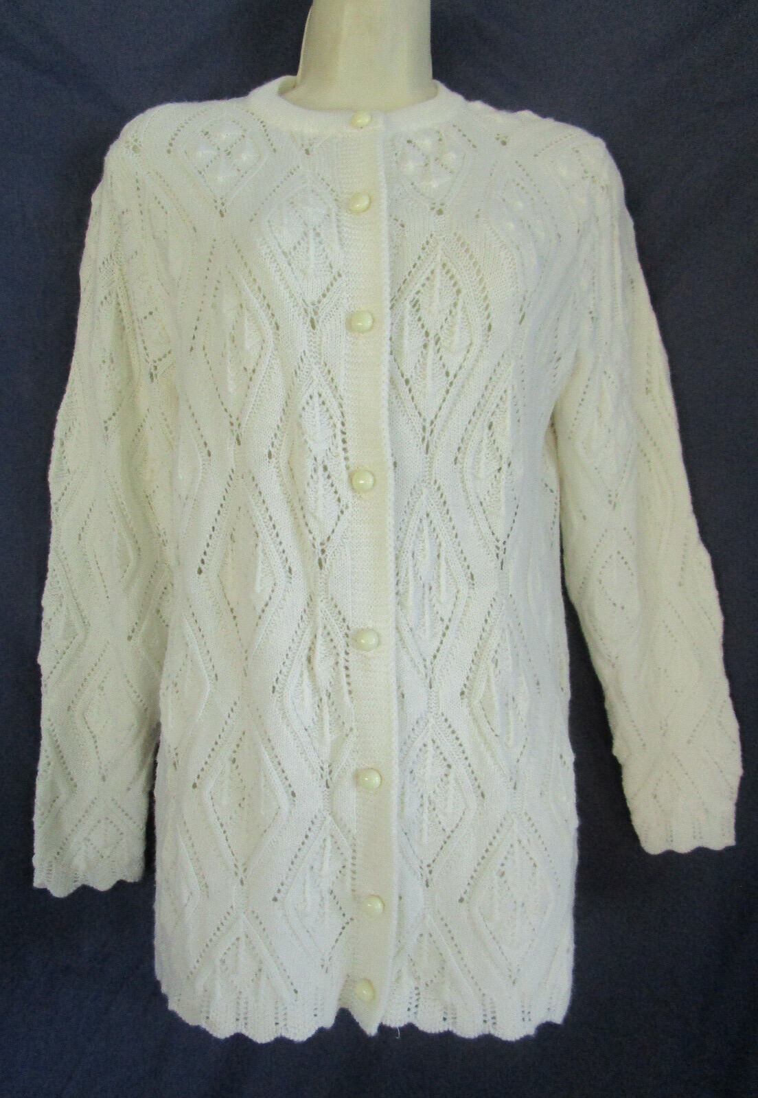 Vtg 70s White Wintuk Orlon Acrylic Diamond Knit Sweet Granny Cardigan Sweater