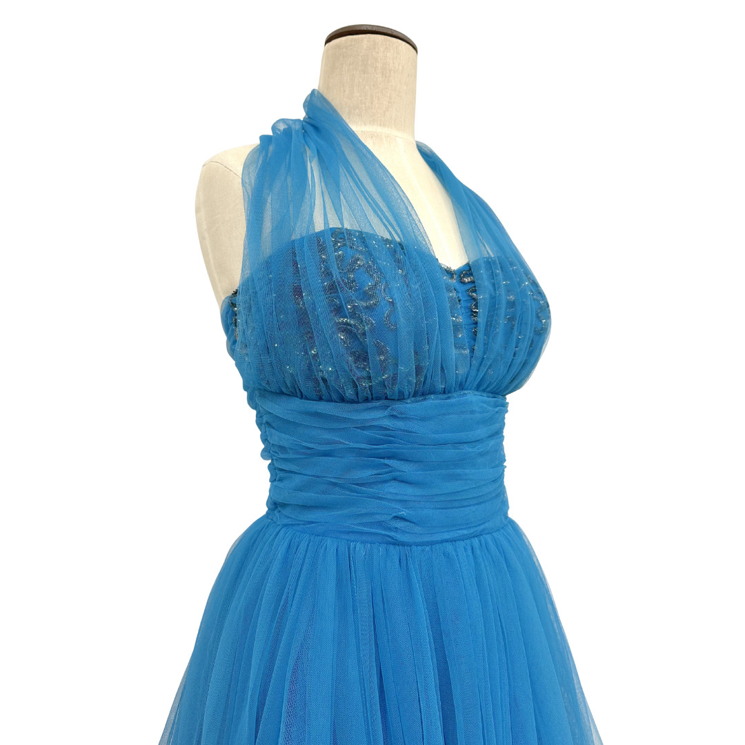 Vintage 1950s Blue Sequin Halter Tulle Cupcake Party Dress