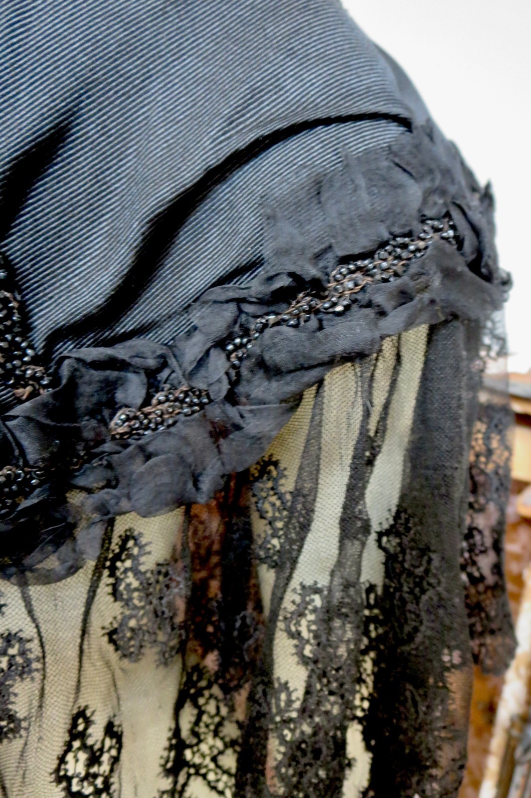 Antique 1880s Black Mourning Capelette Wide Chantilly Lace & Glass Beading