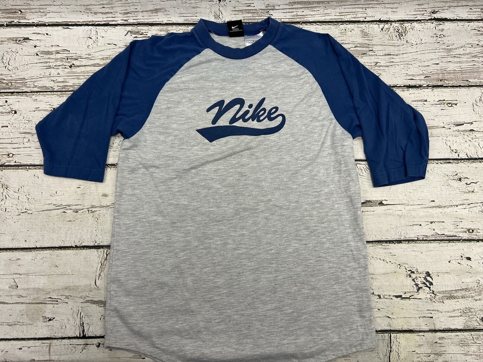 VTG Nike Script Spell Out Women&rsquo;s Navy Blue/Gray 3/4 Sleeve Black Tag T-Shirt