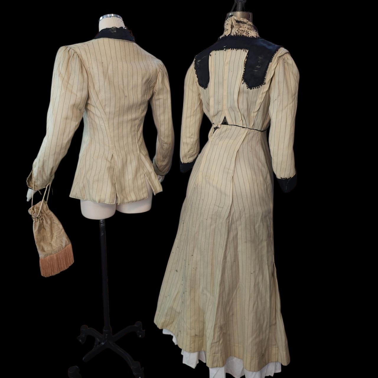 Antique Walking Suit 2 Pc Cream Pinstripe Purse Dress Black Trim Blazer Jacket