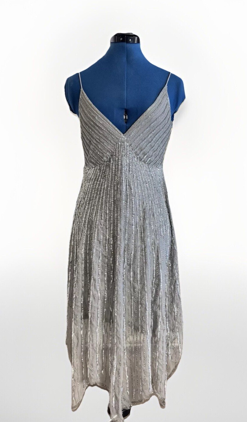 Vintage 90s Stenay Silver Grey Beaded Sequin Party Cocktail Gatsby Dress Size 8P