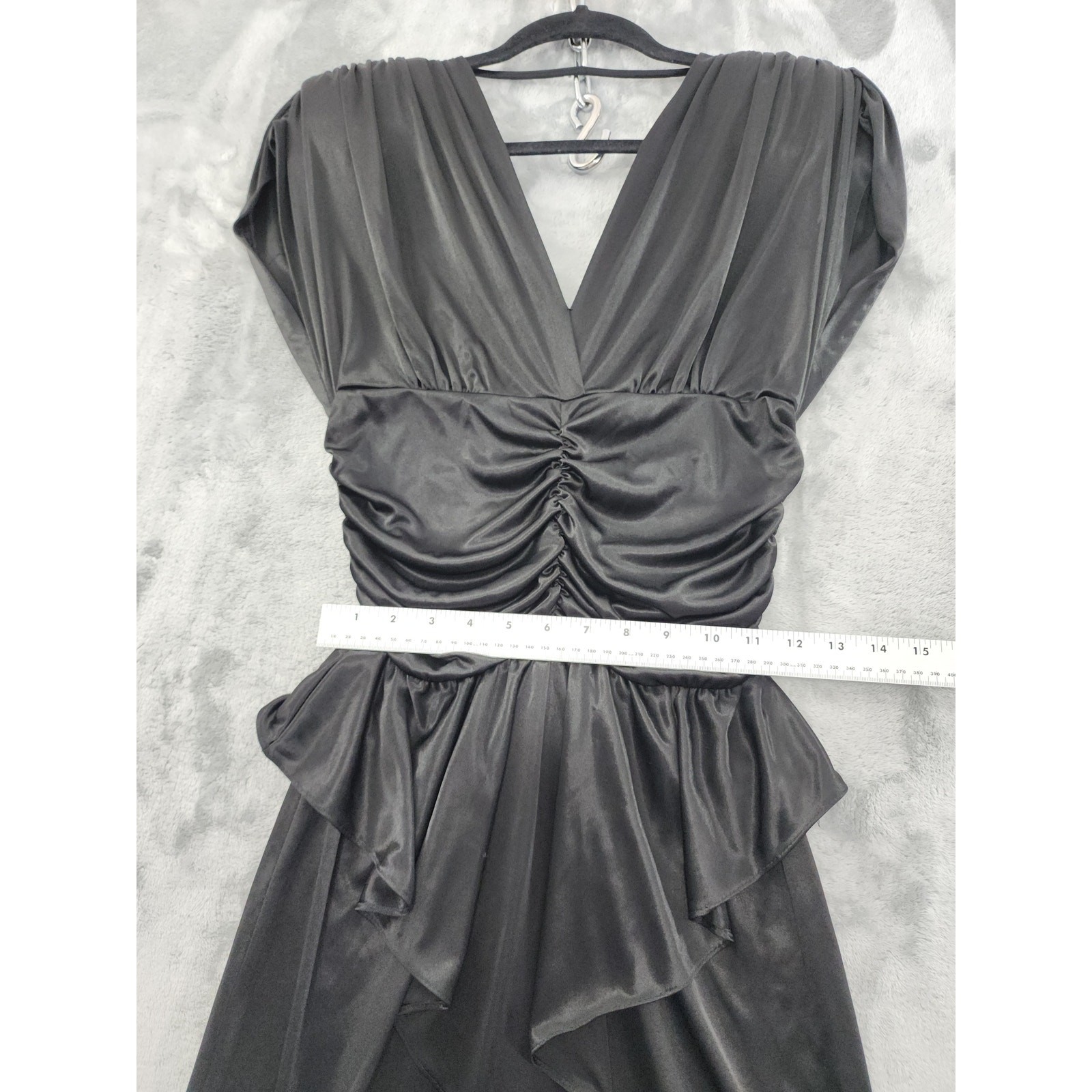 Vintage 80s Steppin Out V-Neck Draped Peplum Party Dress Size 11 Black Midi