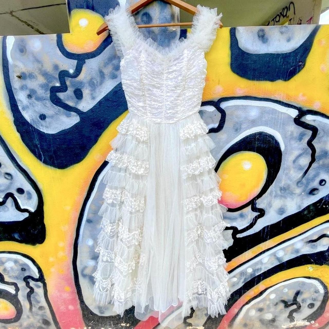 1950s white tulle & lace cupcake dress boned corset bodice multi layer peplum