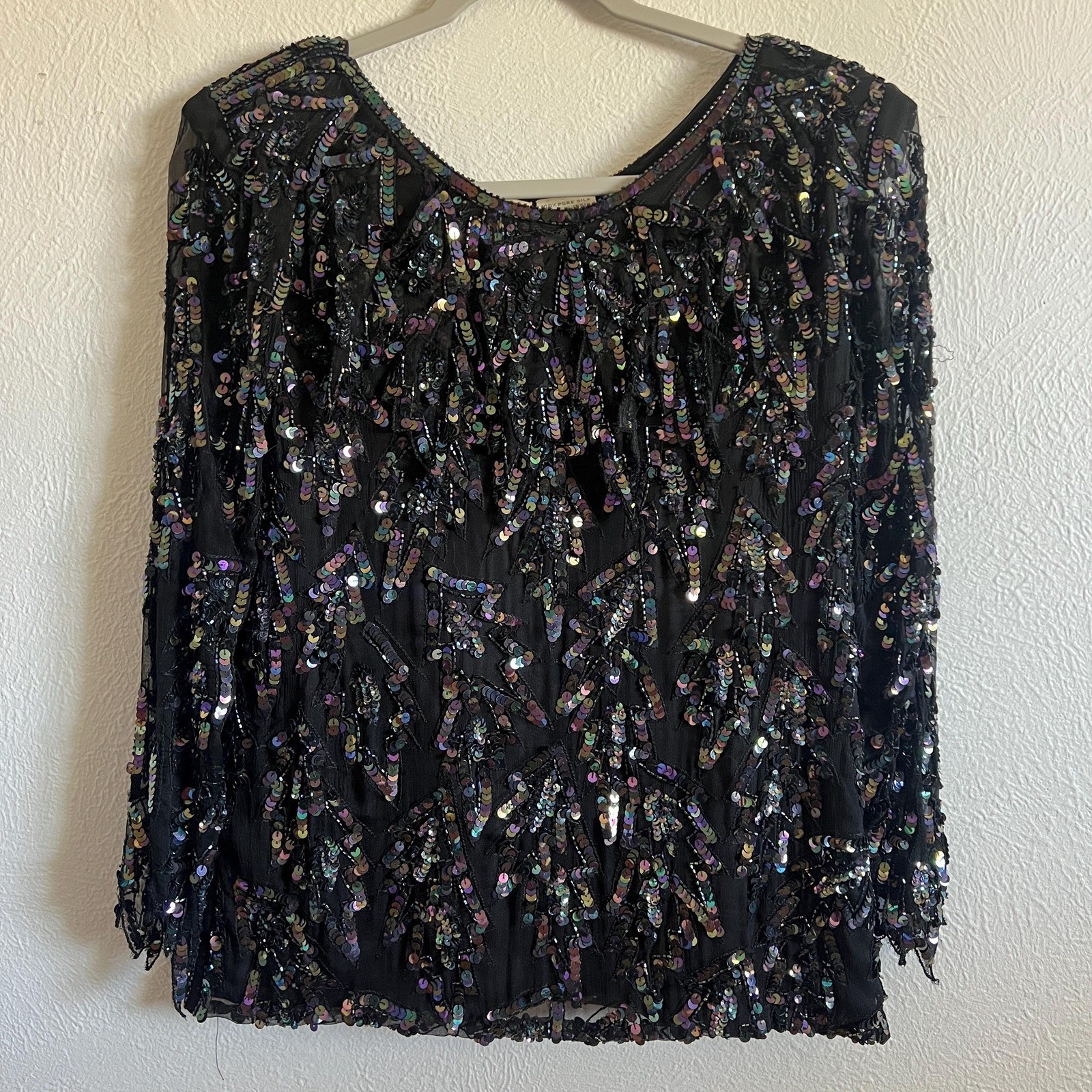 Vintage Silk Sequin Blouse Black Sheer Party Top 90s Y2K Glam Evening