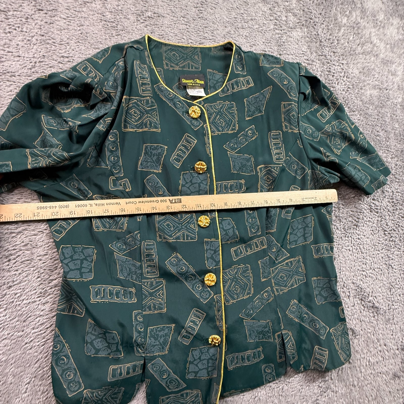Stuart Alan Womens 16 Vintage 80s Button Up Blouse Green Gold Geometric Print