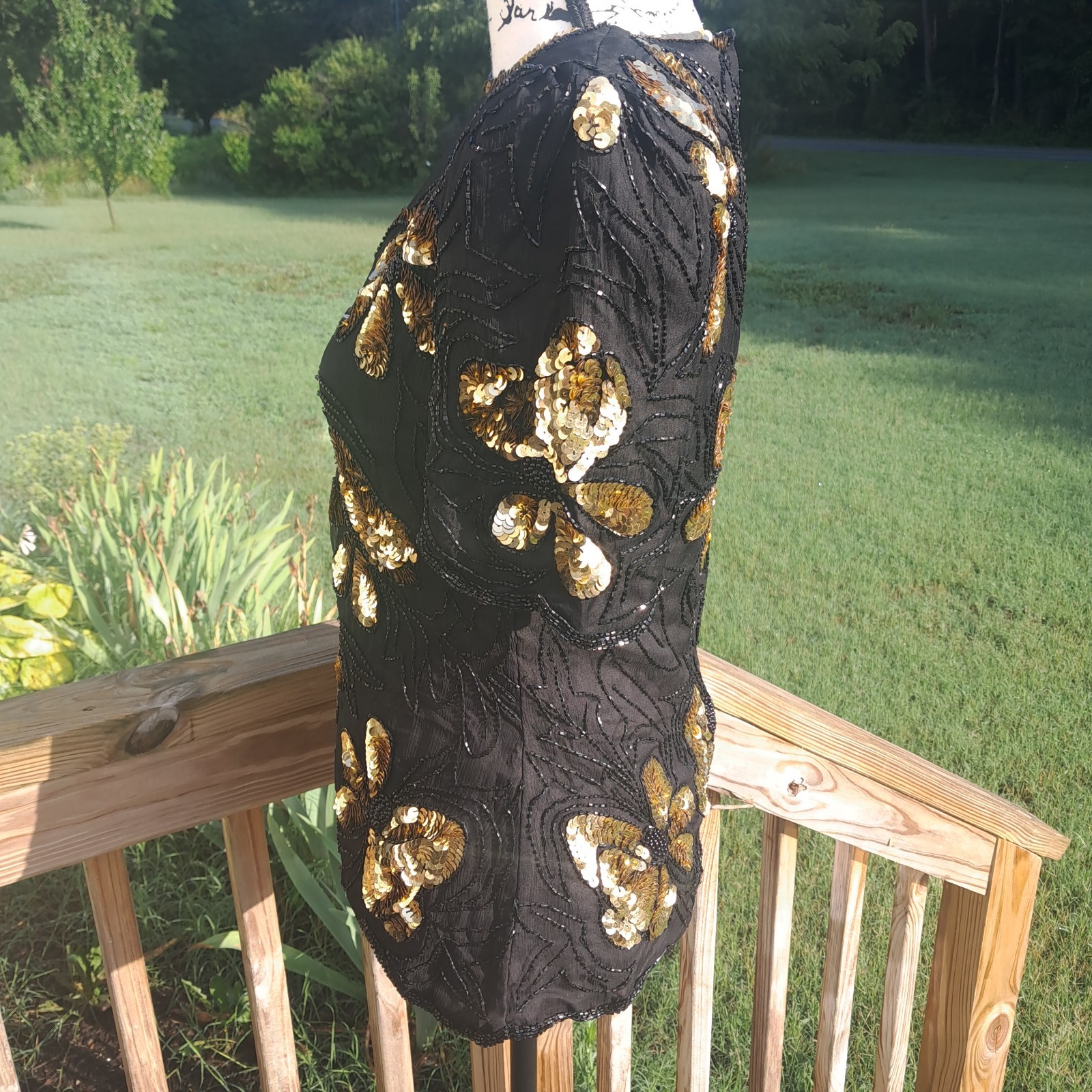 Vintage Stenay Silk Sequin Beaded Top Small Floral Black Gold Regency Goth Event