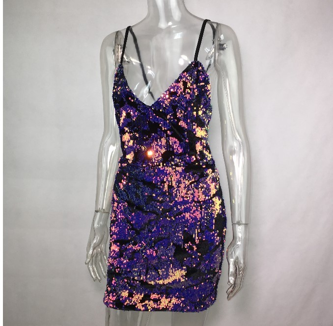 Women V-Neck Lace UP Sexy Backless Spaghetti Strap Sequin Club Party Mini Dress