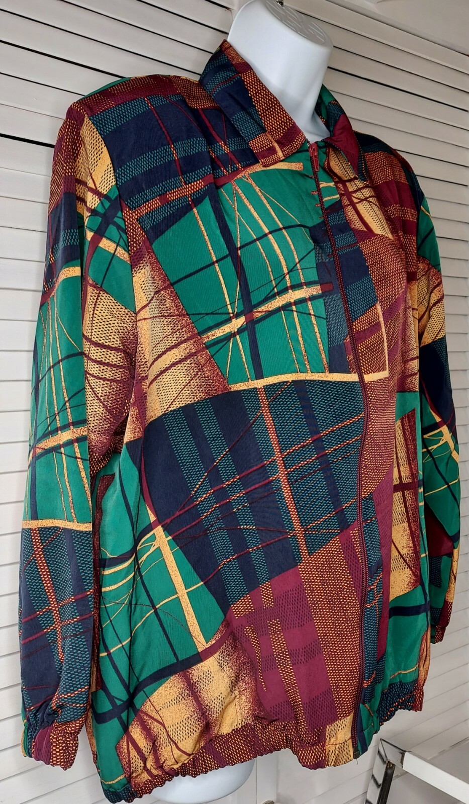 Vtg Bonworth Silky Bomber Jacket Geometric Print Multicolor Zip-Up Sz: Med/LG?