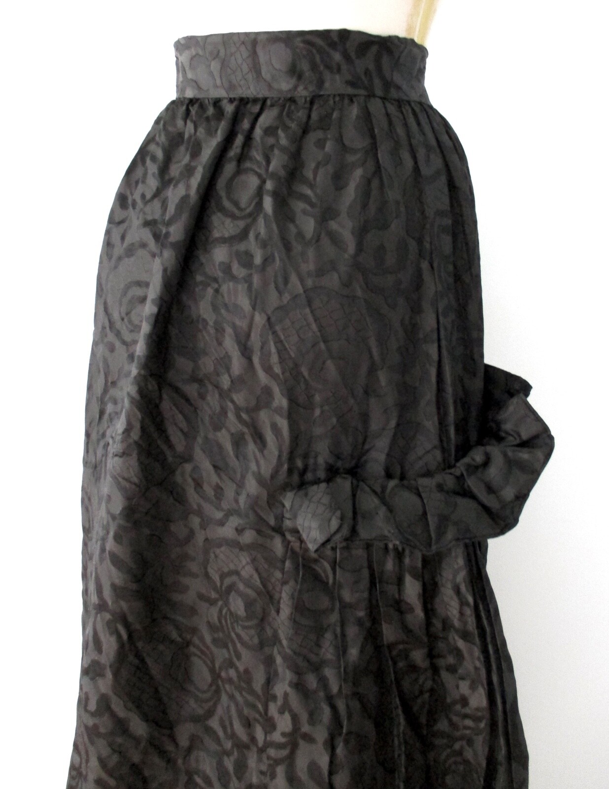 Antique Victorian black patterned taffeta long skirt ruffle embellishments 30 in