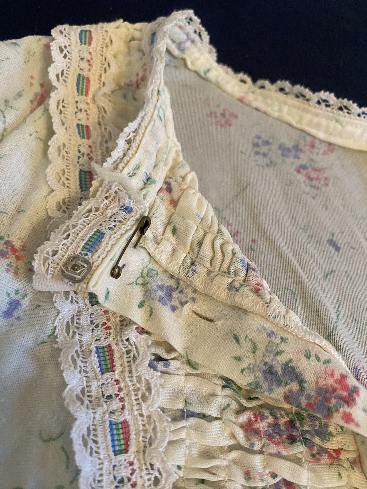 Vintage Miss Elaine Short Floral Nightgown Cotton Lace Long Sleeve Nightie Sz M