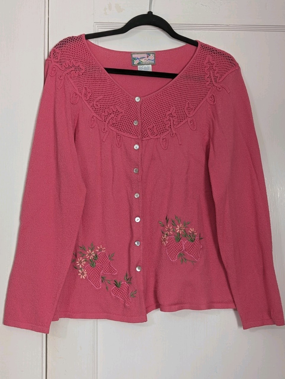 Vtg April Cornell Strawberry Embroidered Cardigan L Pink Hong Kong Cottagecore