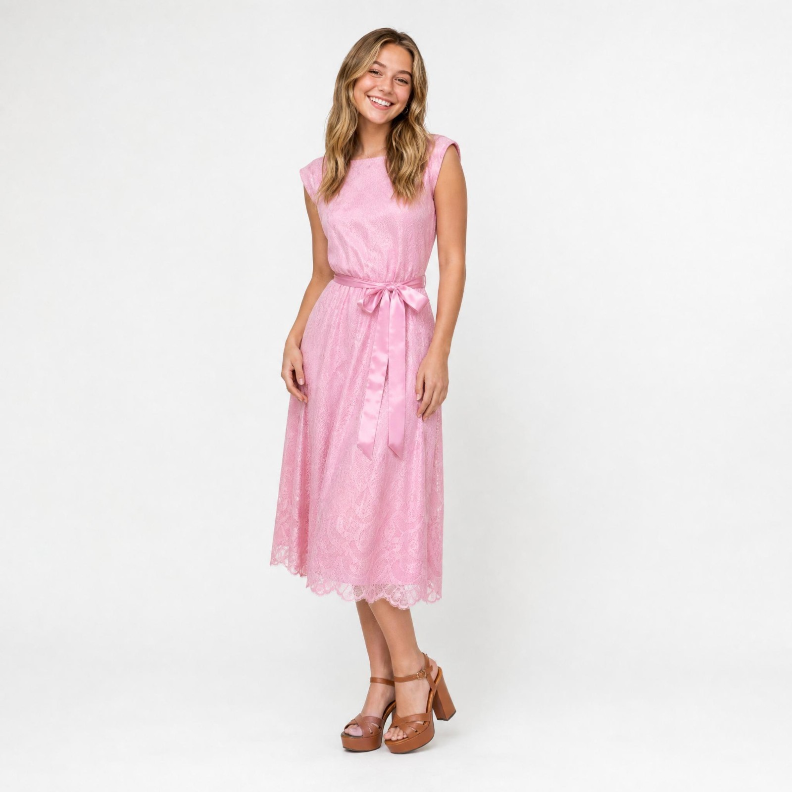 Vintage 70&rsquo;s Pink Lace Satin Ribbon Belted Sleeveless Party Dress S 4 6