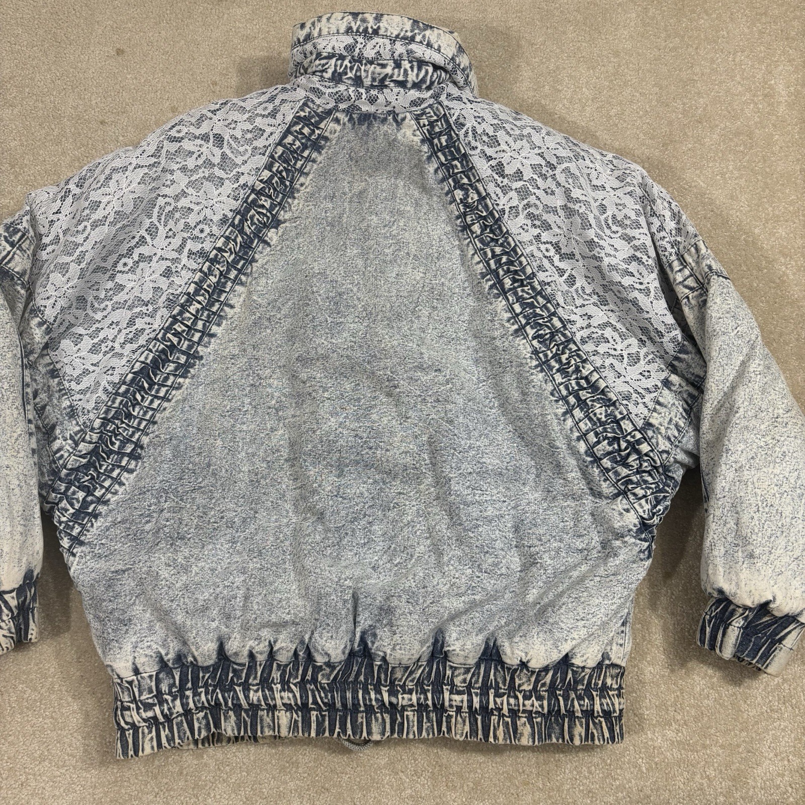 Vintage Original 80s East West Acid Wash Denim L Puffer Jacket Small Floral Lace