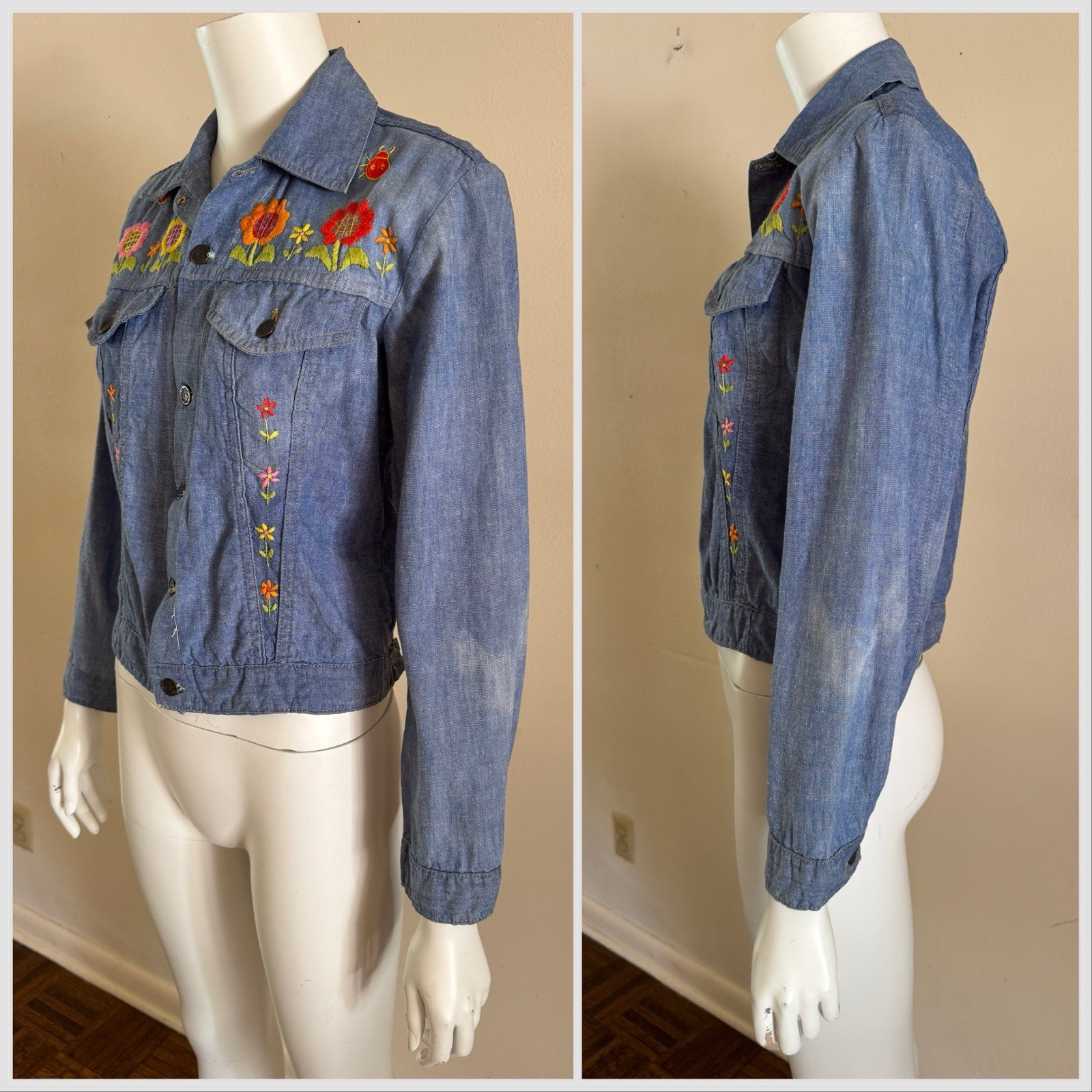 1970s Embroidered Chambray Jacket Floral Western Trucker Cotton Mexico S/M VTG