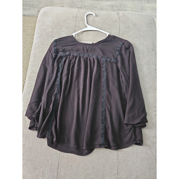 Old Navy Black Lace Trim Boho Blouse Large Rayon Bell Sleeve Peasant Top
