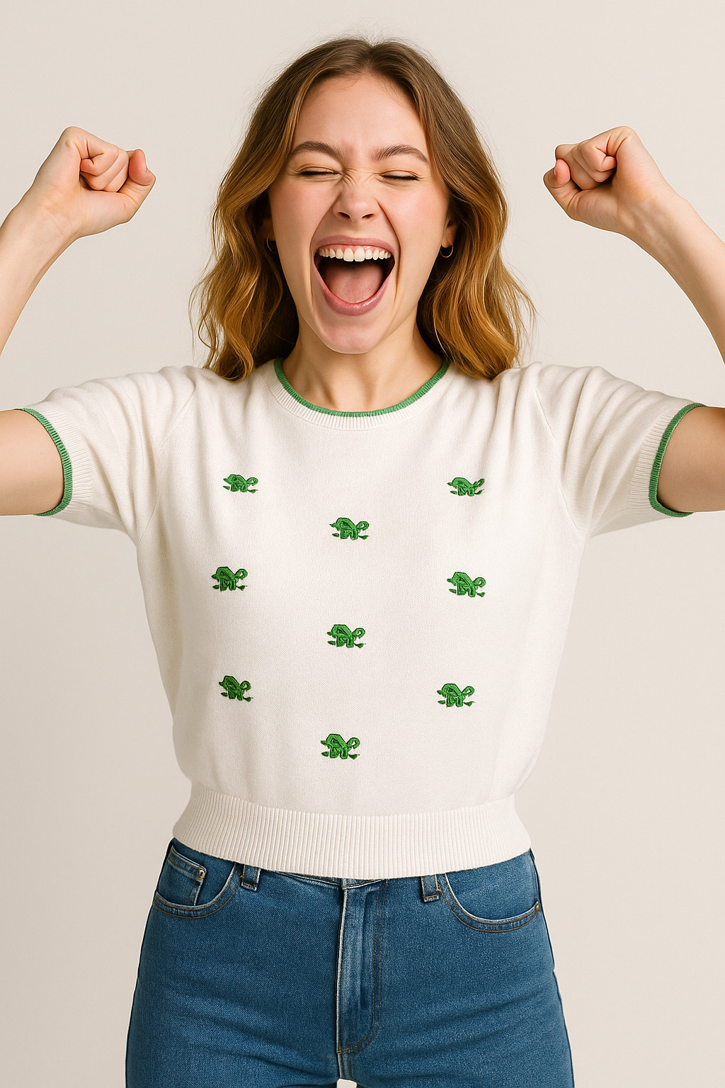 VTG 70s Rochelle White Acrylic Sweater NWT Green Embroidered Turtles Womens M