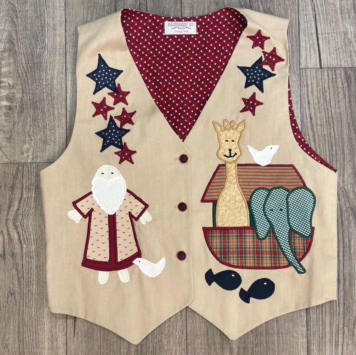 Vintage Georgie Ford Noah’s Ark Folk Art Appliqué Vest Whimsical Teacher