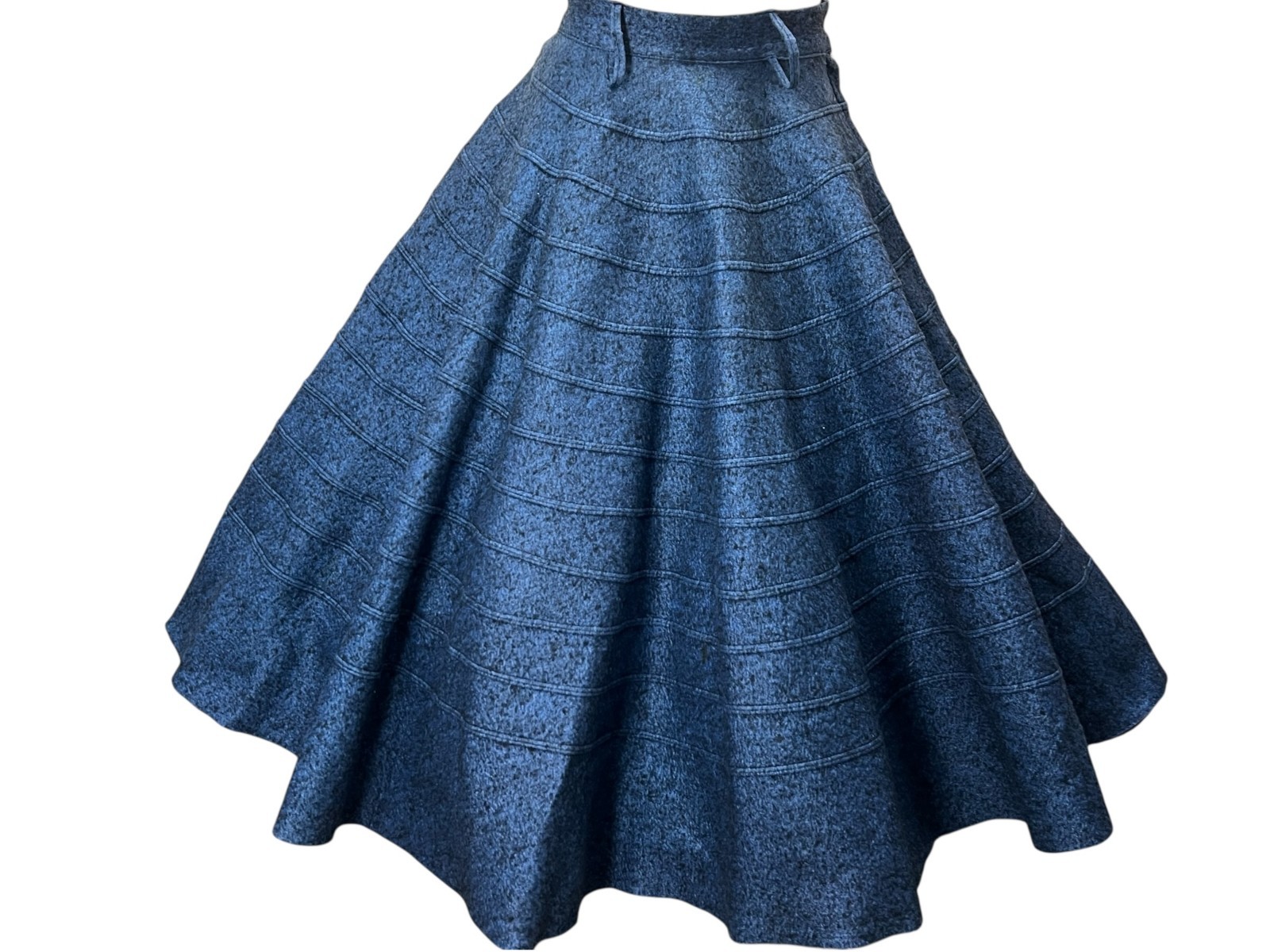 Vtg 50s 24&Prime; Waist CIRCLE Skirt Felted Wool Blue Black Flecked Rockabilly