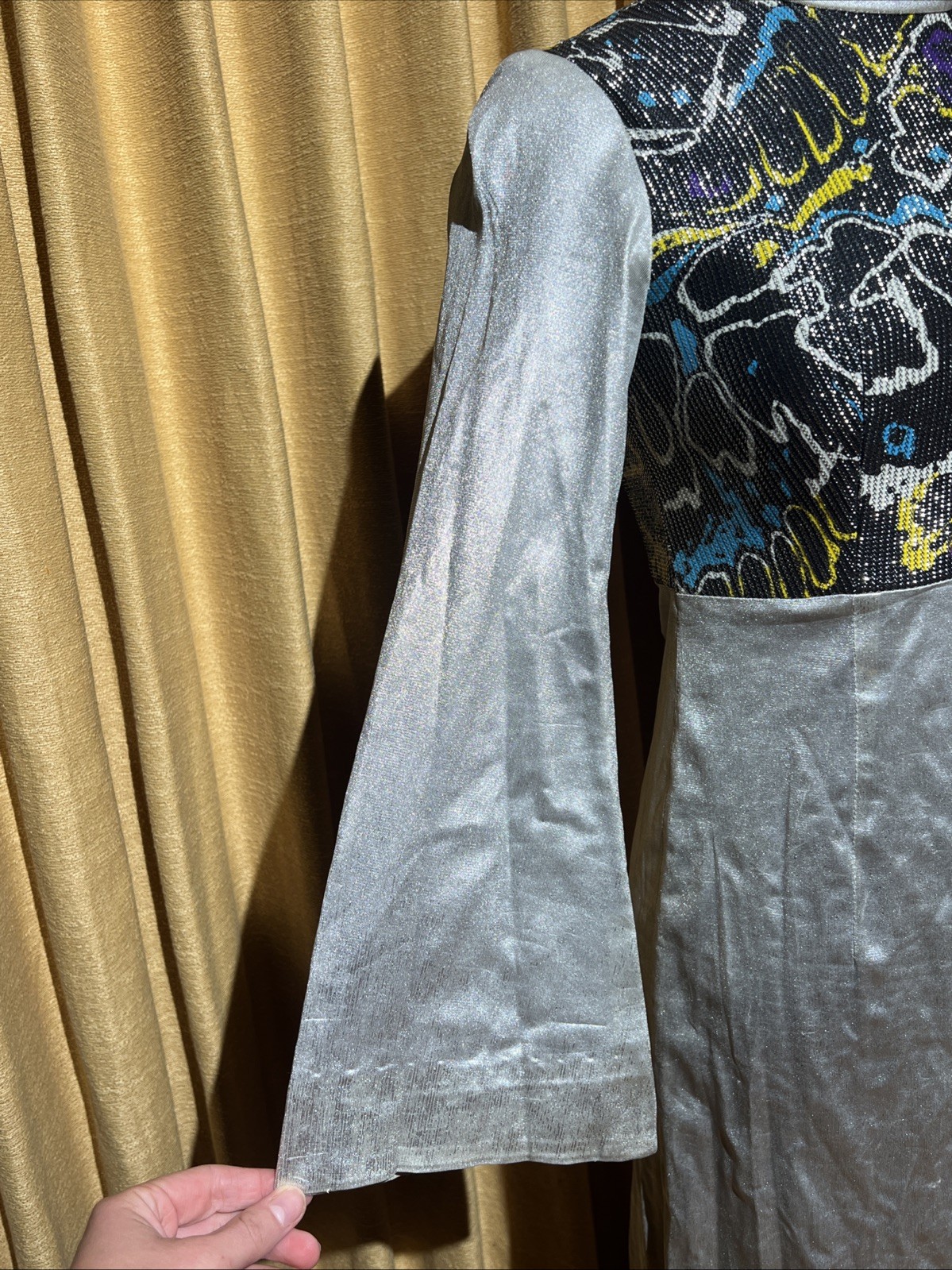 Vtg 1960s Liquid Silver Psychedelic Space Age Disco Maxi Dress With Bell Sleeves