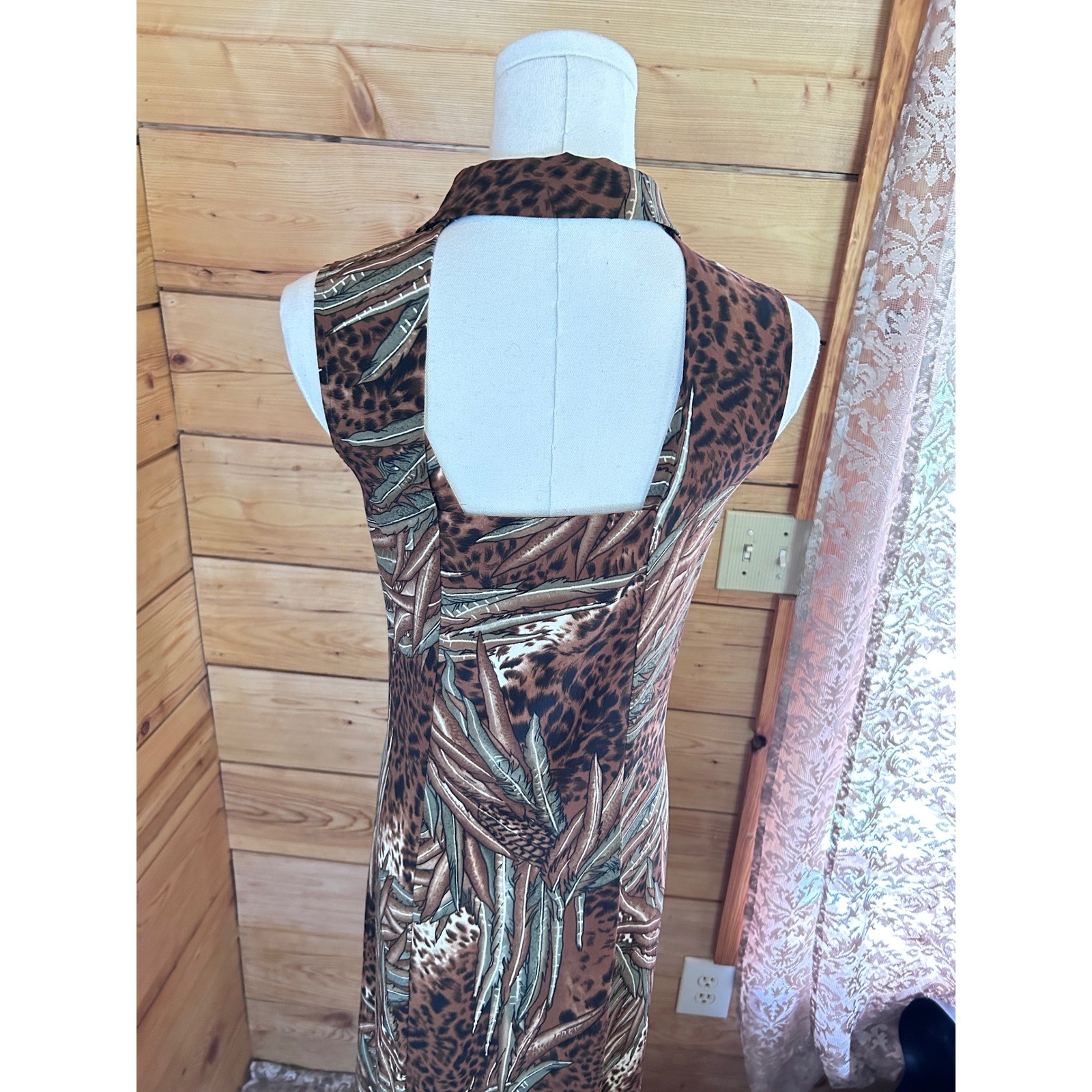 Vintage Maxi Dress Size 14 Brown Leopard Palm Leaf East West Fashions Retro 90&rsquo;s