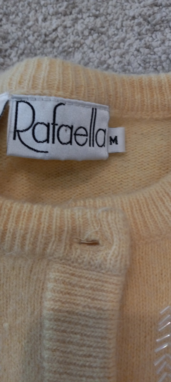 VTG Rafaella Pale Yellow Lambswool Angora Beaded Cardigan M 80s 90s Hong Kong
