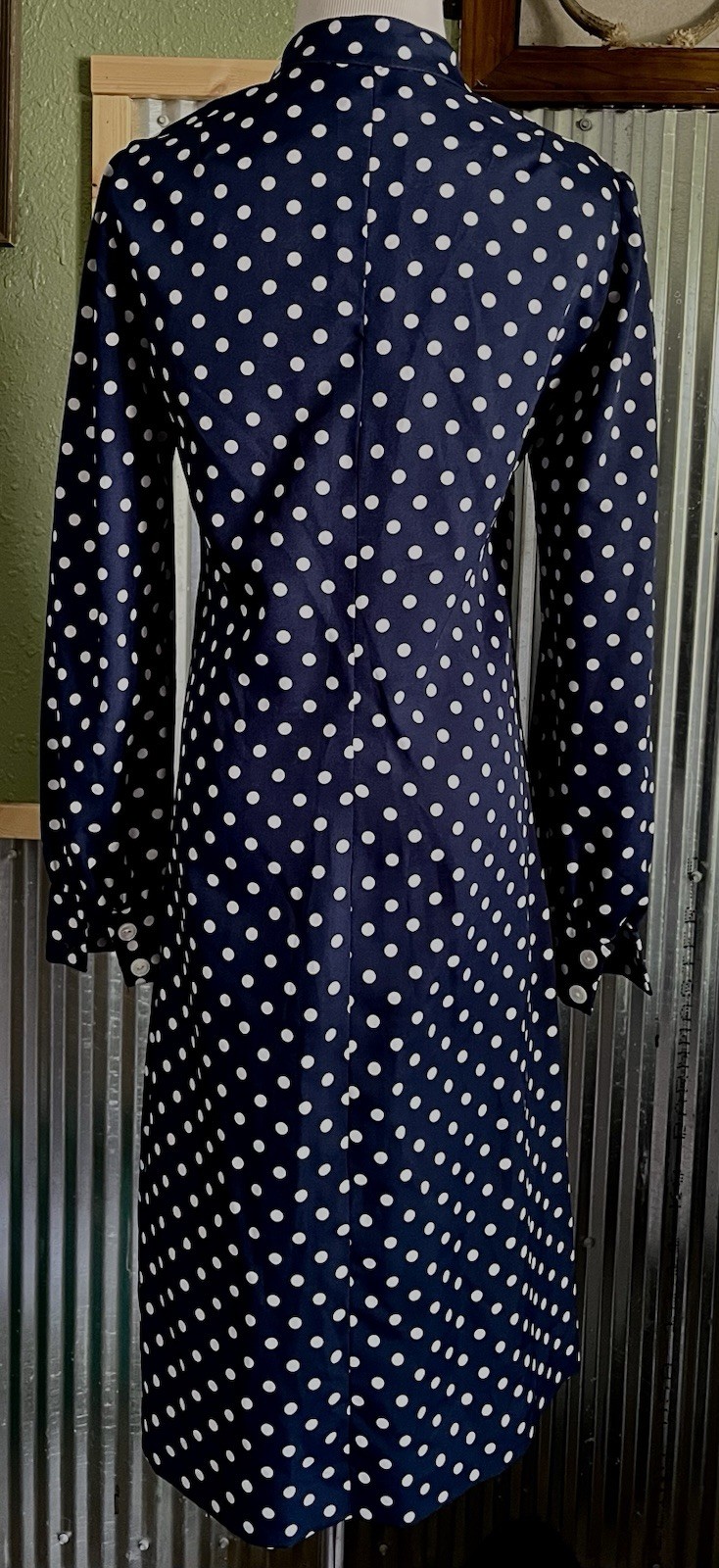 VTG CARLYE White & Blue Polka Dot Mod A Line L/S Midi Dress Sz S/M 1960s