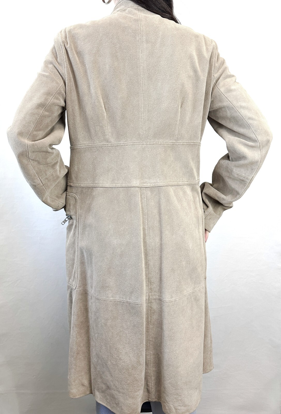 CELINE Camel Beige Genuine Suede Leather Zipper Pockets Lined Coat 6 8 VINTAGE