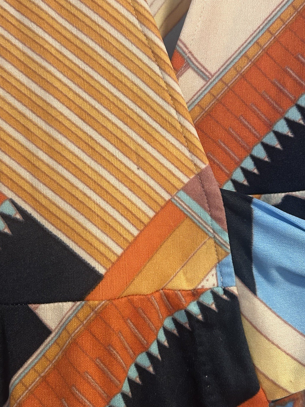 Vintage 70s Huk-A-Poo Wrap Dress Geometric Disco Print XS S Nylon Jersey Mod