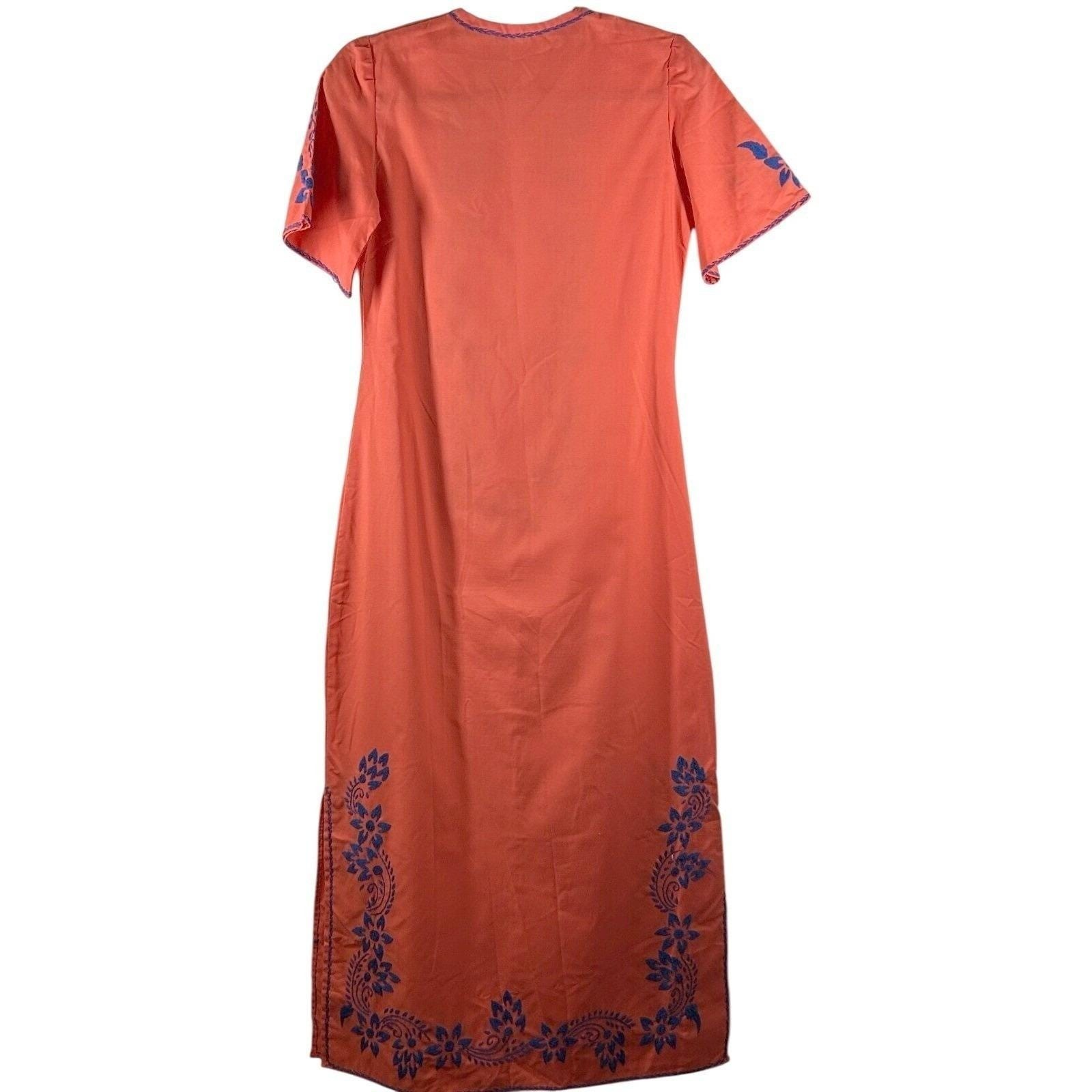 Wms Vintage Kaftan Maxi Dress Coral Blue Floral Embroidered Boho Unbranded