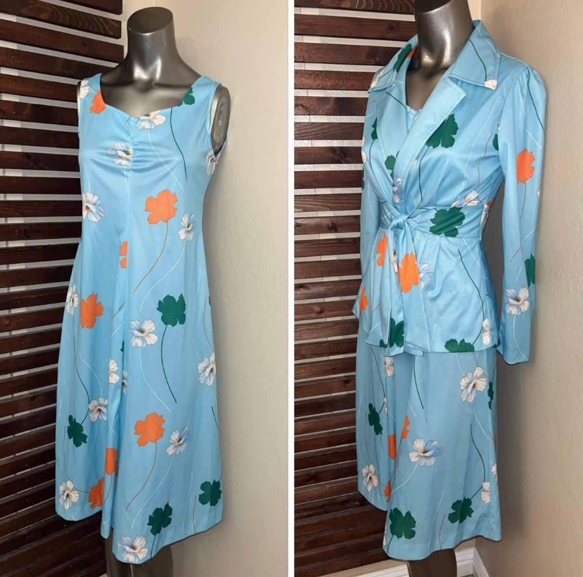 2 PC 1970s 70s Vintage Blue Sleeveless Floral Dress w/ Matching Tie Waist Jacket
