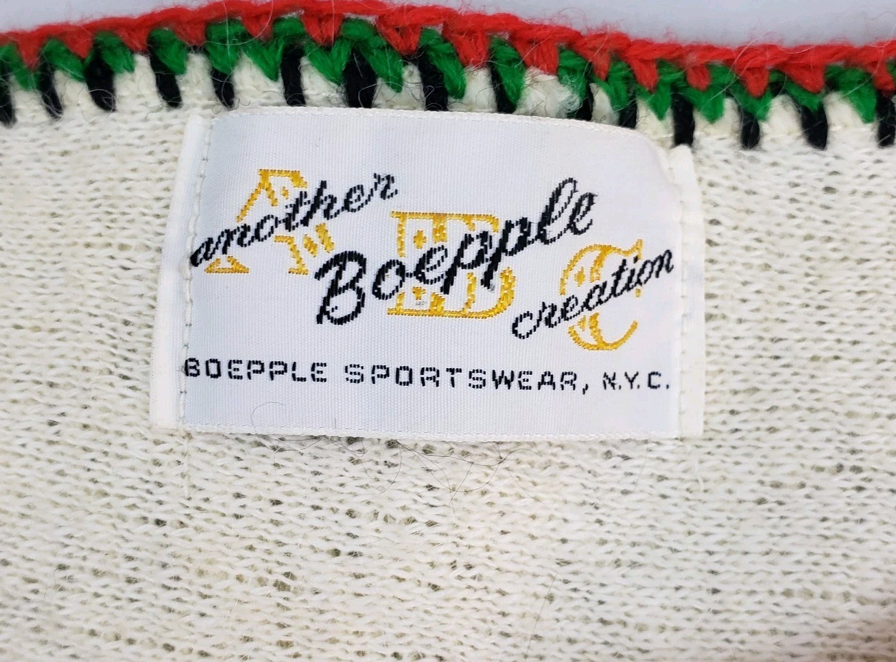 VTG Another Boepple Creation 100% Wool Zipper Pom Pom Sweater Cream USA S/M