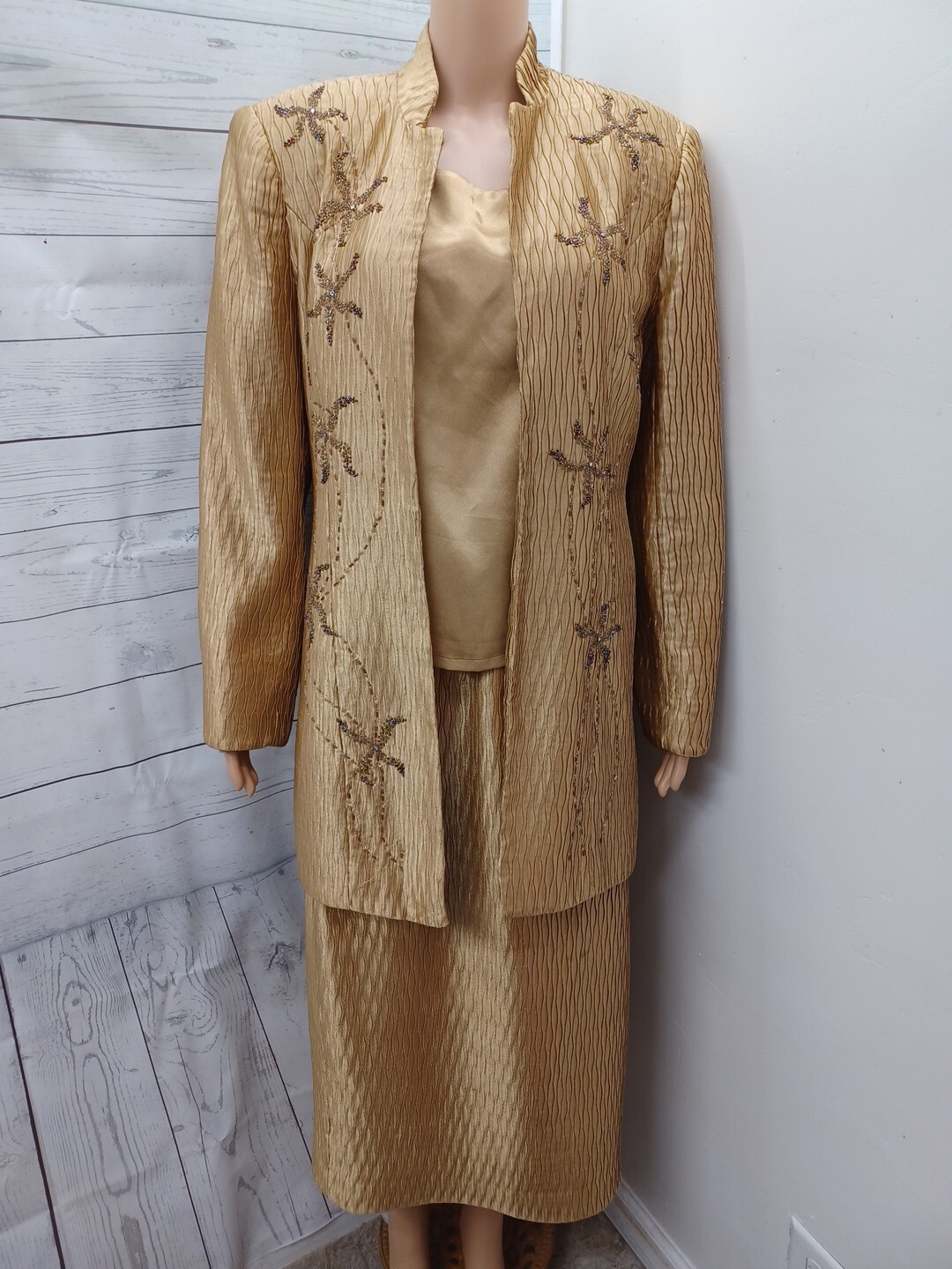 Nina Massini 3 Pcs Blazer Jacket Skirt Top Suit Set Beaded Gold Mustard Sz 8