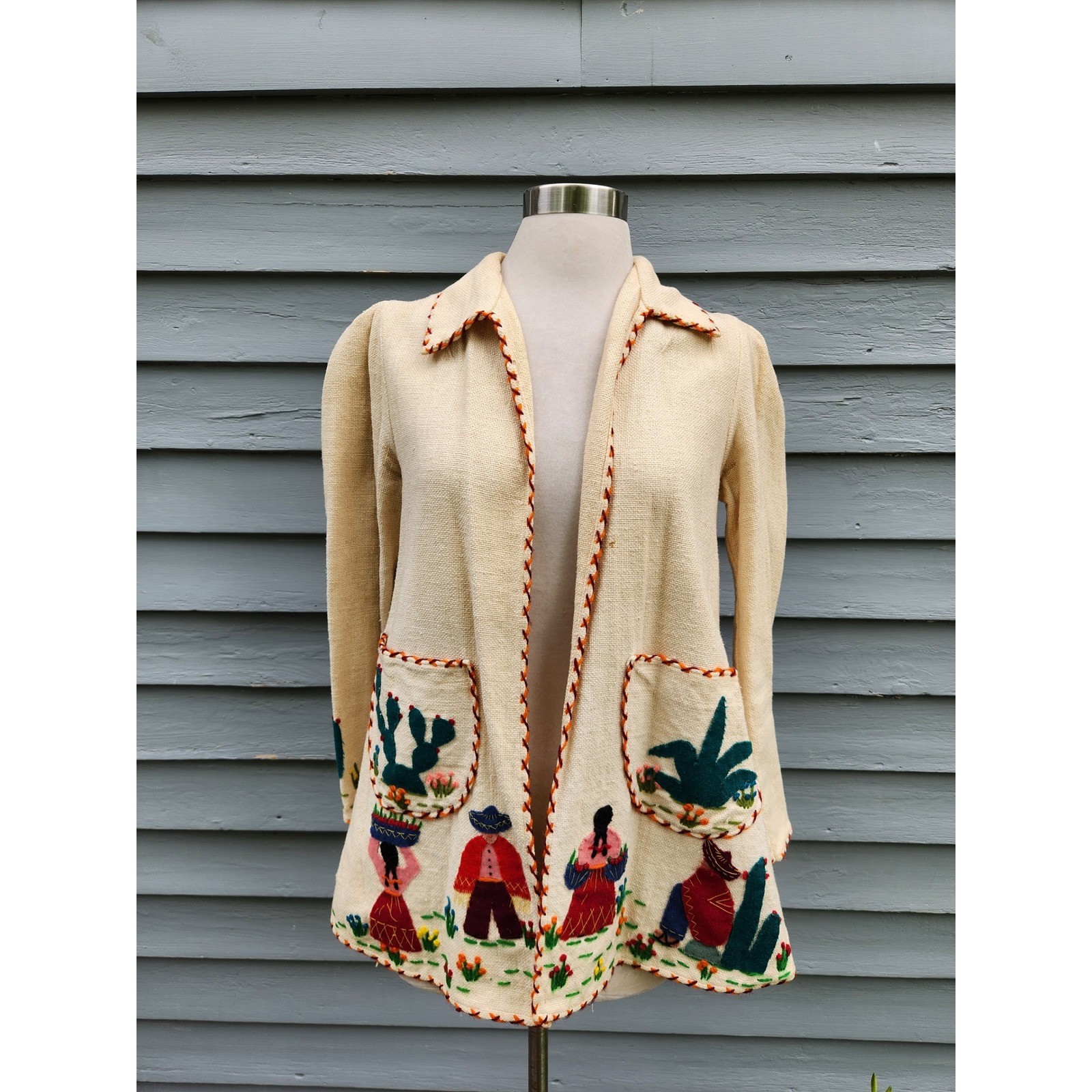 Vintage 50s Mexican Tourist Jacket Cream Embroidered Folk Art Applique Medium