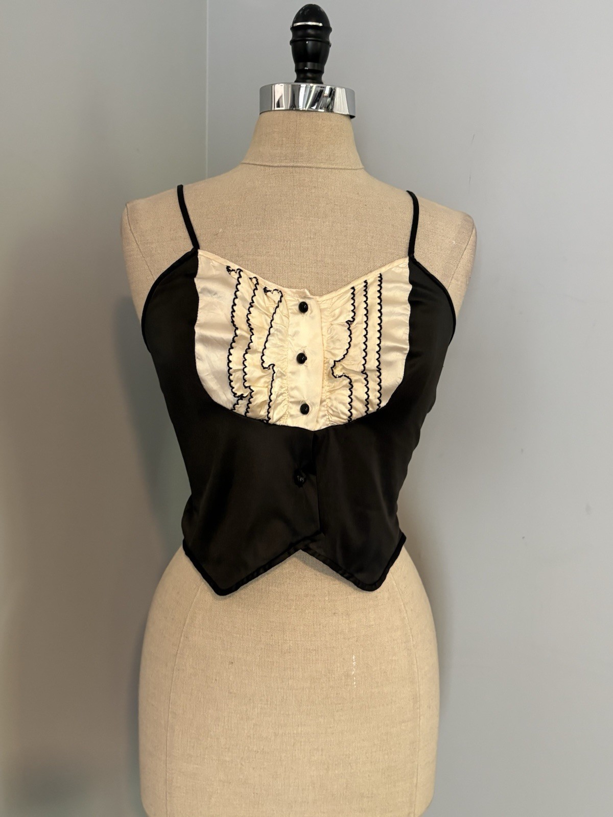 Rare Vintage 70s 80s Tuxedo Ruffle Camisole Crop Top Glam Lingerie Play Boy 34”
