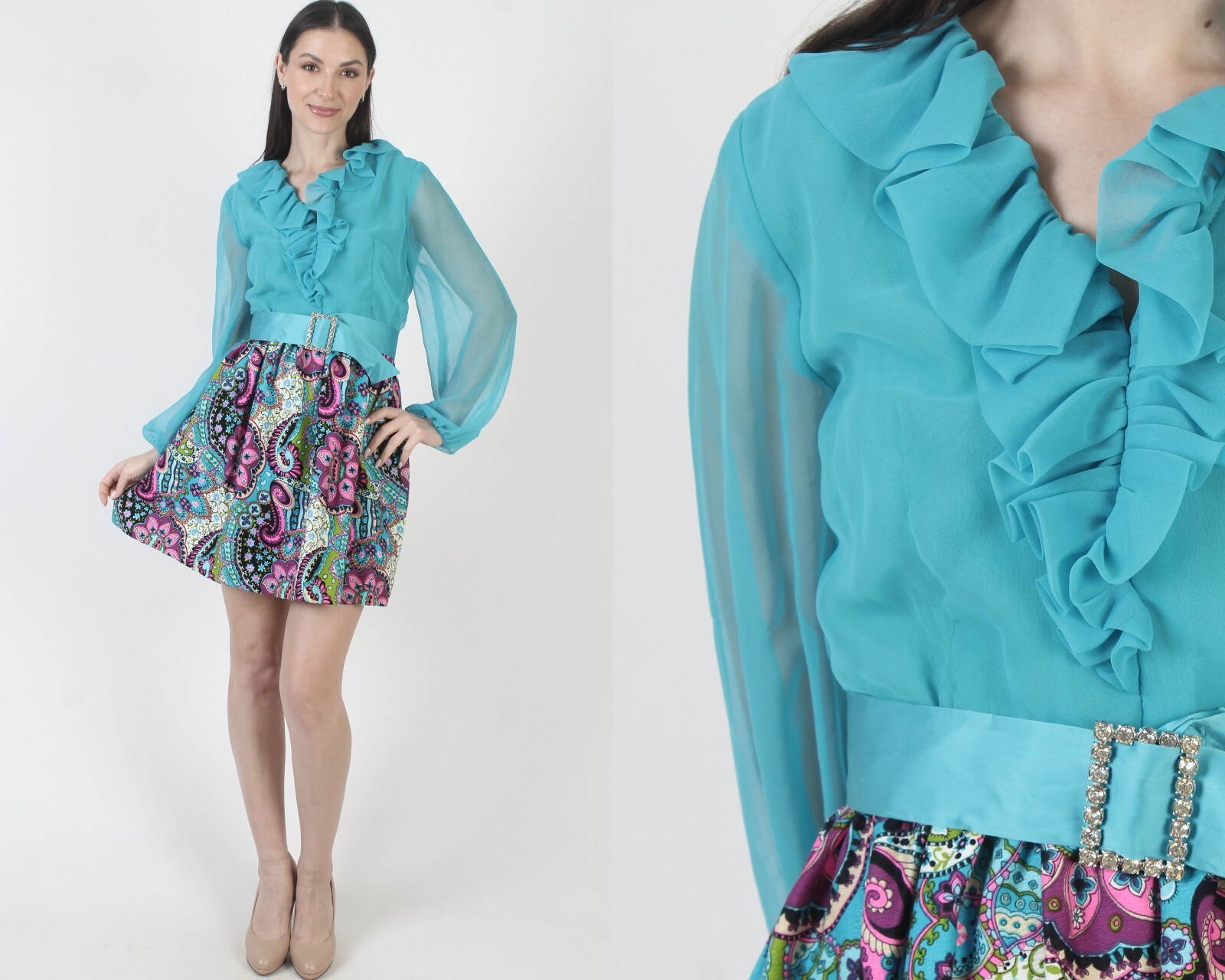 Vintage 60s Psychedelic Print Dress Teal Chiffon Sheer Mod Cocktail Party Mini