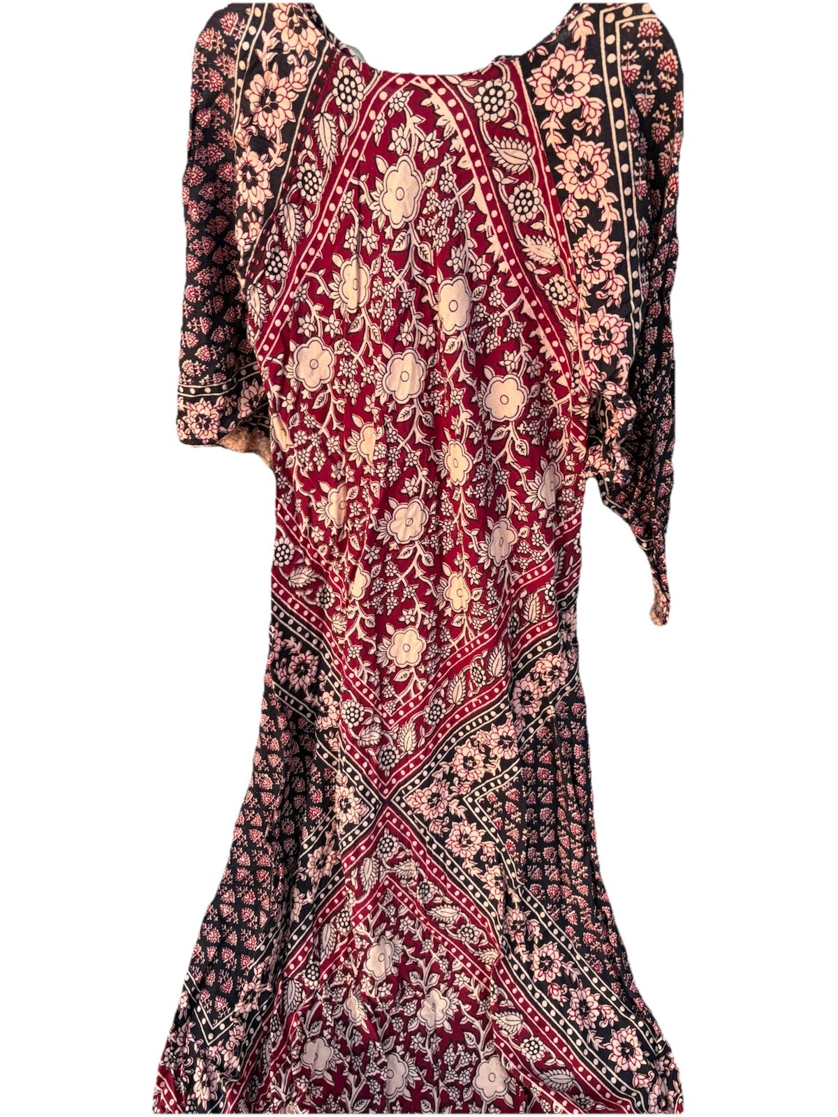 Vtg 70s Mahranee India Hippie Dress Cotton Caftan Angel Sleeve Maxi OS