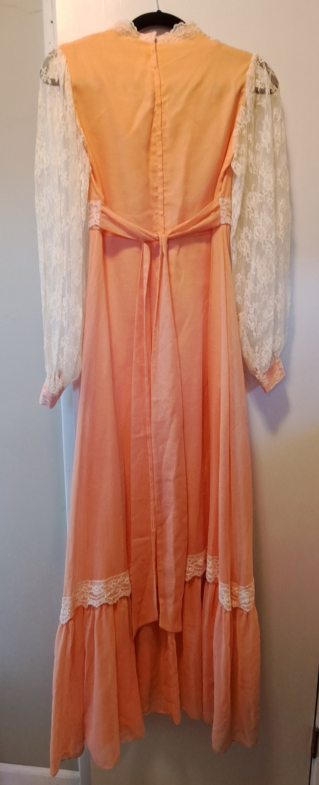Vtg 70s Peach Chiffon Lace Prairie Granny Victorian Prom Maxi Gown Sz 7/8 Flaws